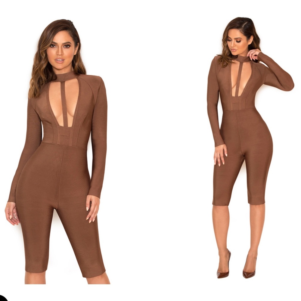 House Of CB, 'Comelle' Brown Bandage Knee Length Jumpsuit, Size L